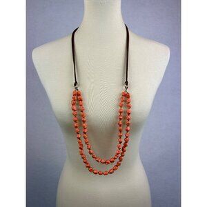 Coral Beaded Double Strand Necklace Brown Leather Cord
